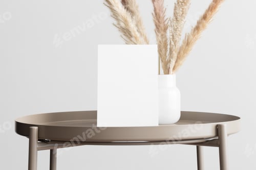 Preview: White invitation card mockup with a pampas on the beige table. 5x7 ratio, similar to A6, A5.