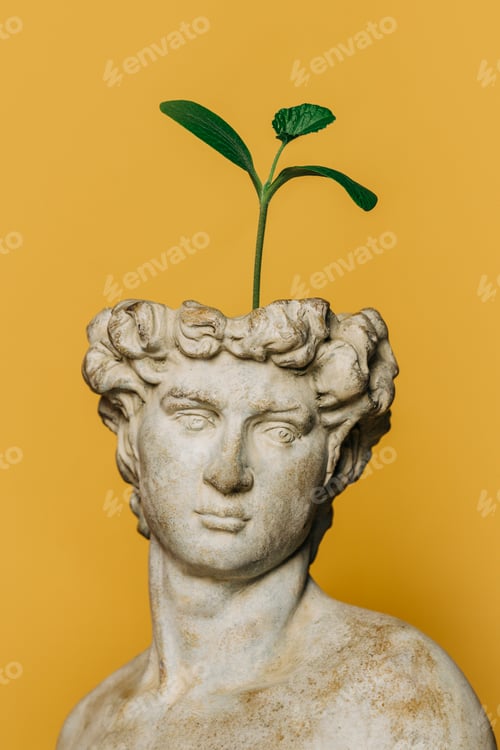 Preview: Antique bust of a young man with a green plant sprout growing from his head