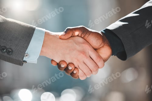 Preview: Business people, handshake and introduction in city, outdoors and greeting or recruitment. Partners