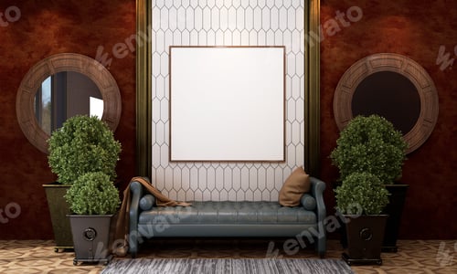 Preview: 3D Mockup photo frame in Modern interior of Lobby hall