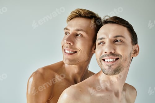 Preview: Joyful young couple embracing their love, sharing laughter in a serene indoor setting