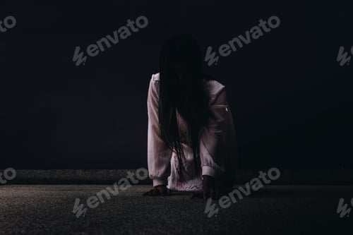 Preview: Zombie women death ghost with blood, darkness background, horror halloween