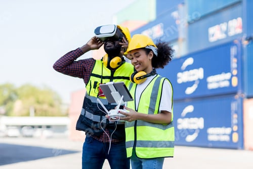 Preview: Foreman or worker use remote controller piloting drone at containers port for checking container.