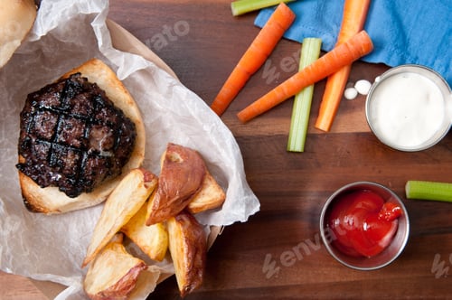 Preview: pork burger with wedge fries take out