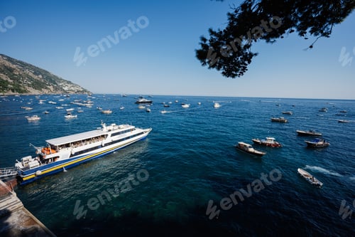 Preview: Passenger liner, boats and yachts at Positano on Italy's Amalfi Coast.