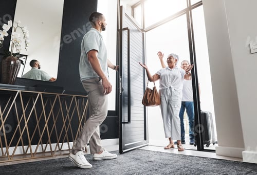 Preview: Man opening door, family visit and holiday with smile, loving and bonding together, care and vacati