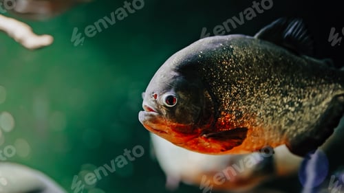 Preview: Predatory hungry freshwater red bellied piranha fish swimming in aquarium of oceanarium.