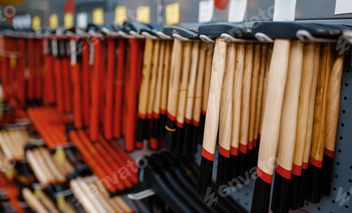 Preview: Hammers on racks closeup, tool store, nobody
