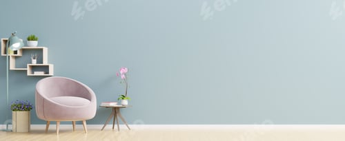 Preview: The interior has a pink armchair on empty blue wall background.