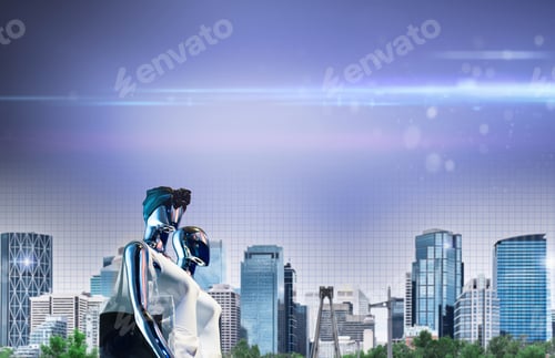 Preview: Unreal futuristic robot cyborg like people with cityscape and digital metaverse grid in background