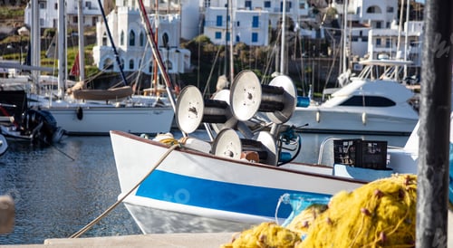 Preview: Fishing boat anchored at Kythnos island harbor. Greece, Cyclades. Summer holiday