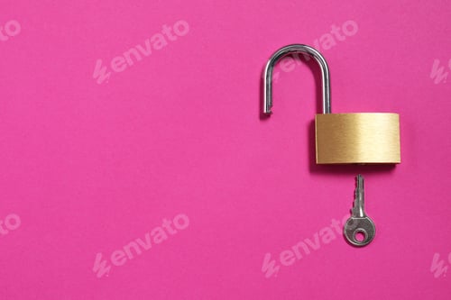 Preview: Steel padlock with key on pink background, top view. Space for text