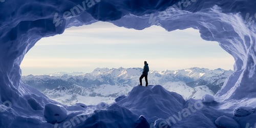 Preview: Adventurous Man Hiker standing in an Ice Cave with rocky mountains in background