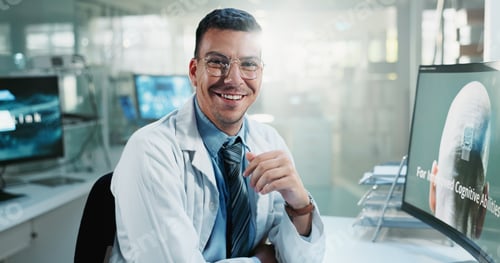Preview: Scientist, computer screen and portrait in office for research, AI brain system development or happ