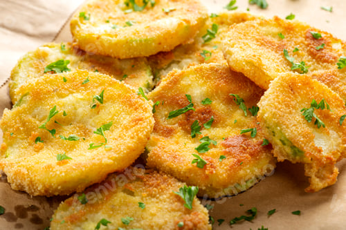 Preview: Fried slices of zucchini with green chopped parsley
