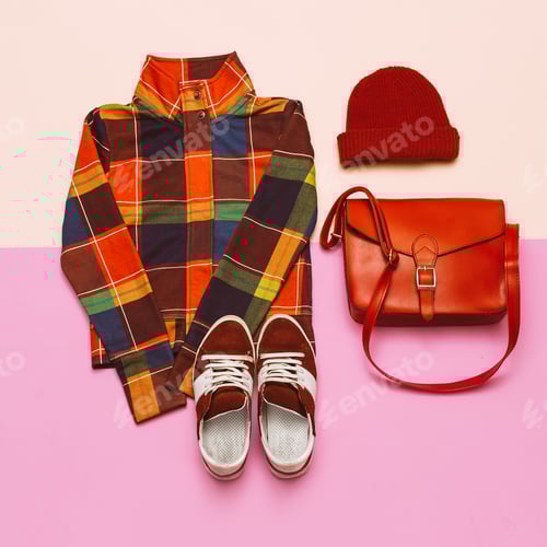 Preview: Stylish set of clothes. Checkered jacket and bright accessories.