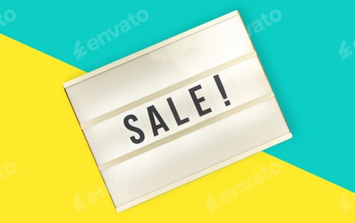 Preview: Sale concept, light box flat lay with word Sale
