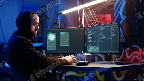 Preview: Hooded hacker running code in graffiti painted basement