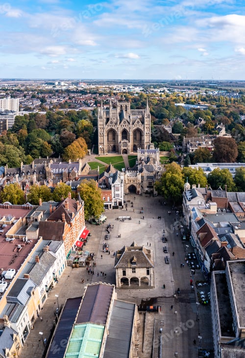 Preview: Aerial view of Peterborough Cathedral and Guildhall in Cathedral Square