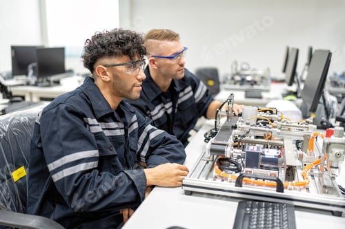 Preview: Engineer sitting in robot fabrication room quality checking electronic control board engineering