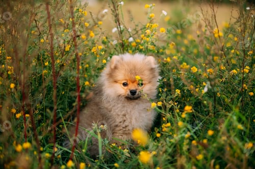 Preview: Young Happy White Puppy Pomeranian Spitz Puppy Dog Sitting Outdo