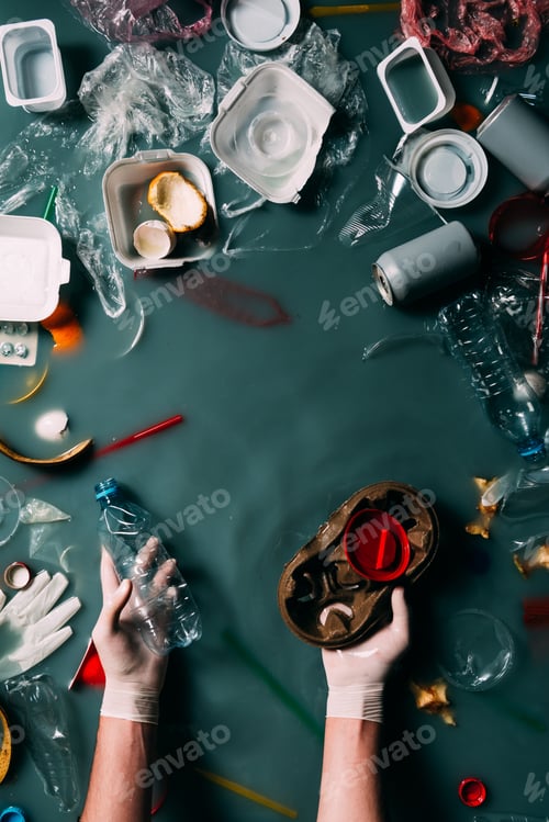 Preview: partial view of man in latex gloves cleaning water from trash, ecology protection concept