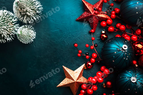 Preview: Blue Christmas or New Year background with blue Christmas balls, red berries and star