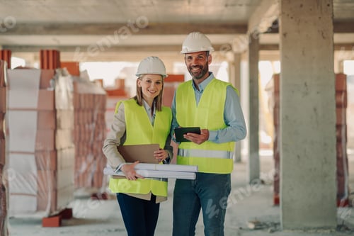 Preview: Smiling architects using digital tablet and blueprints on construction site