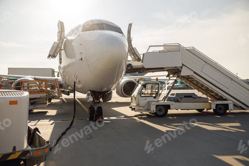 Preview: Details of modern airplane during refueling at airport outdoors on a daytime. Aircraft