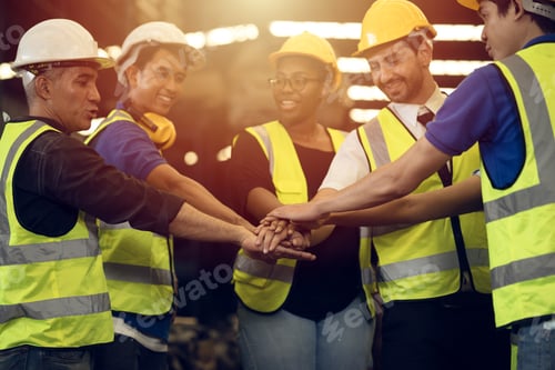 Preview: Engineer Teamwork Concept,Worker team join hands together in factory. People joining for cooperation