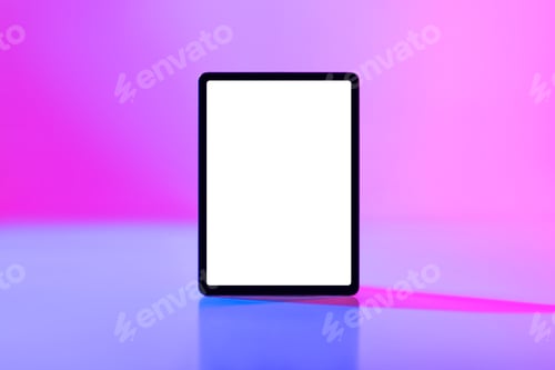Preview: Modern tablet computer with mockup for application or website on blank white screen in neon light