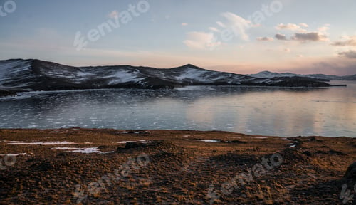 Preview: beautiful landscape view of pond and mountains on background, Russia, Lake Baikal, march 2016