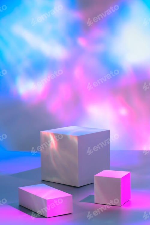 Preview: scene with three rectangle white podiums on pastel neon colored background