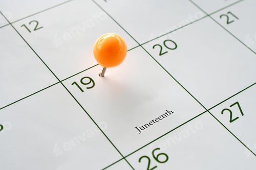 Preview: Pushpin in a calendar marking Juneteenth on June 19 celebrating the end of slavery in 1865