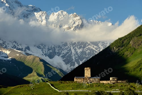 Preview: Distant view of old ruined Svanetian towers in valley, Ushguli village, Svaneti, Georgia