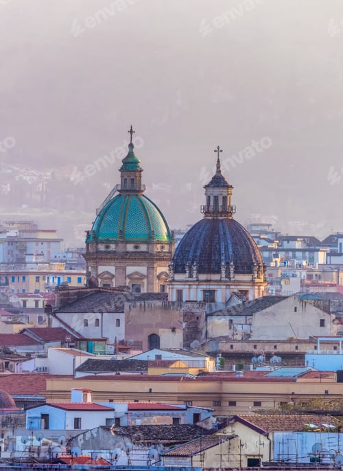Preview: Residential Homes and Historic Church Buildings with mountains. Palermo, Sicily, Italy