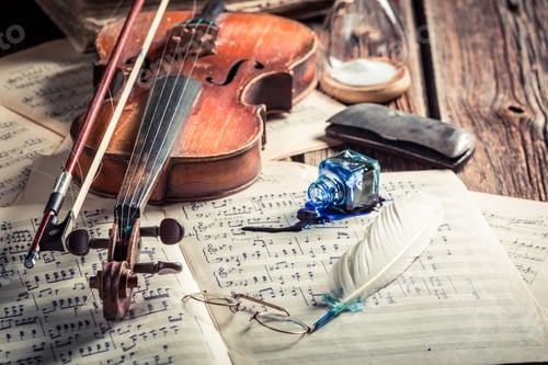 Preview: Retro sheets and violin with ink and feather