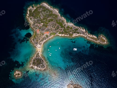 Preview: Aerial view of an island on Sithonia Peninsula, Greece, with beaches and rocks, surrounded by