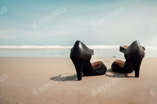 Preview: Work Life Balance Concept. Business Woman on Sand Beach for Walk into the Sea