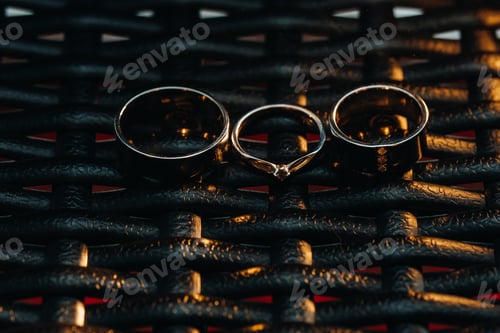 Preview: Two wedding rings and one engagement ring on a checkered grid. three gold rings of a couple in love