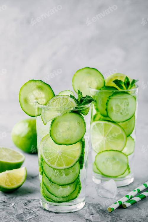 Preview: Refreshing Cucumber and Lime Infused Water Still Life