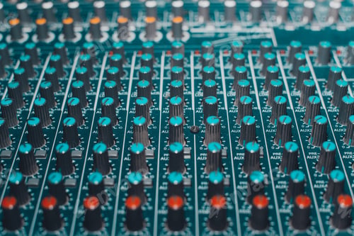 Preview: Mixing studio console, equalizer audio controllers close-up, selective focus