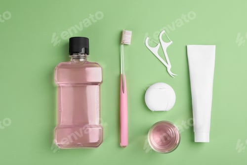Preview: Flat lay composition with oral care products on color background. Teeth hygiene