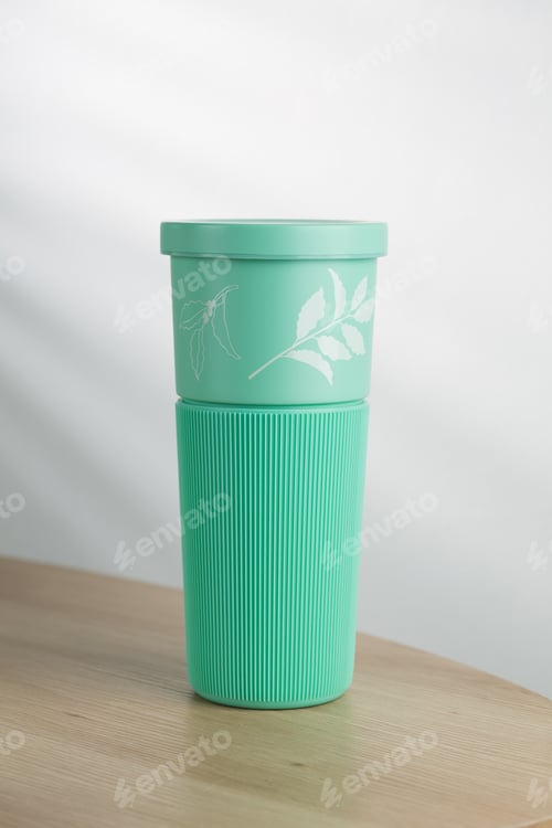 Preview: Mint green, leaf-patterned tumbler promotes eco-friendliness.