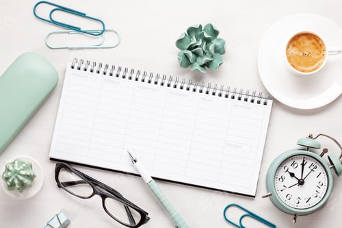 Preview: Overhead view to various office supplies. Flat lay with mockup planner