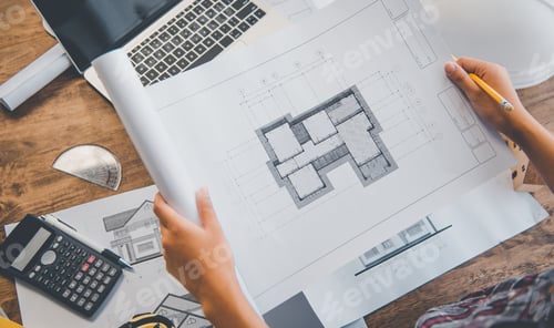 Preview: engineer working in office with blueprints, inspection in workplace for architectural plan4