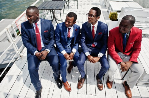 Preview: Group of four african american happy succesfull mans at suit.