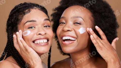 Preview: Black women, facial cream and skincare of friends or beauty model with face lotion and skin wellnes
