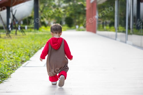 Preview: Back view of baby walking alone in park