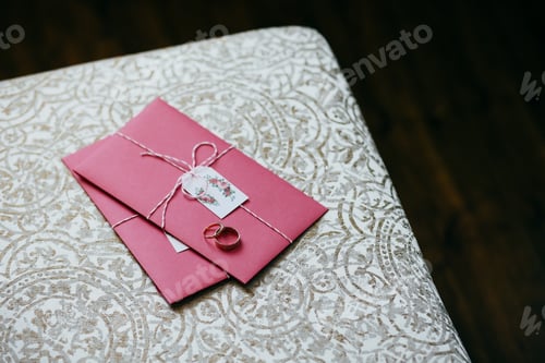 Preview: Wedding rings lying on pink invitation card. Wedding preparations and decorations